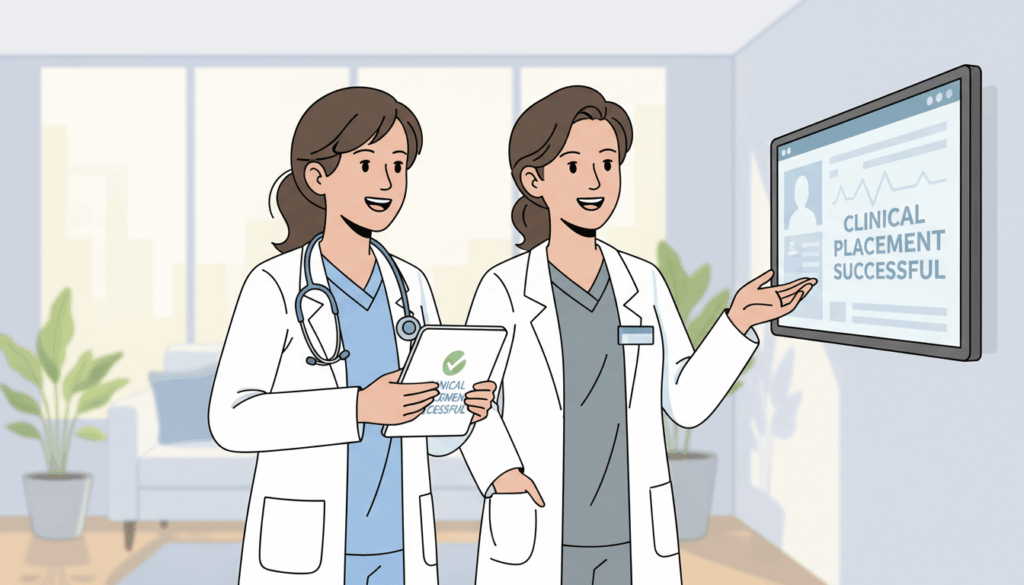 Clinicians viewing a placement confirmation | Clinical Match Me Line drawing of two smiling clinicians in white coats gesturing at a success message on a wall screen, one holding a tablet