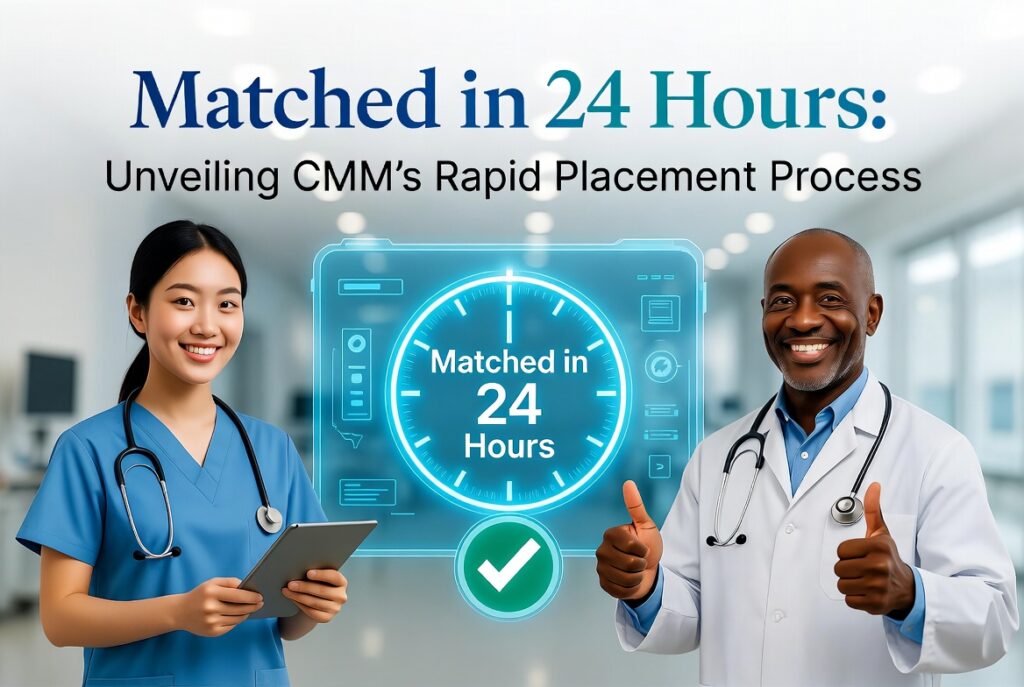 Thumbs up beside a glowing clock | Clinical Match Me Young woman in blue scrubs holds a tablet as an older man in a white coat gives two thumbs up, a glowing clock between them