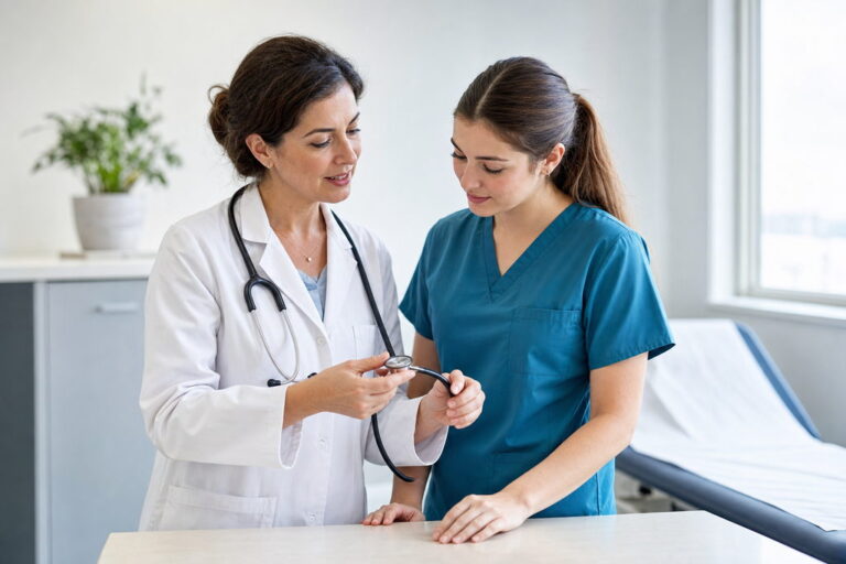 Teaching moment in an exam room | Clinical Match Me Older clinician in a white coat shows a stethoscope technique to a younger colleague in scrubs in an exam room