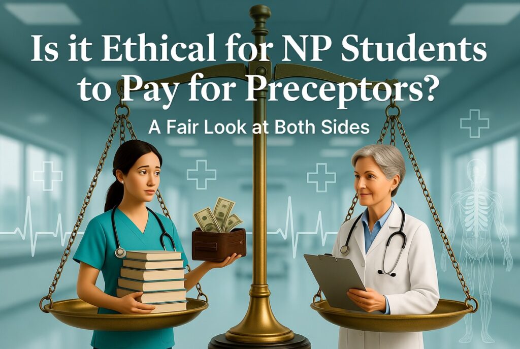 Balance scale weighing two women | Clinical Match Me Illustrated scale weighs a young woman in scrubs holding textbooks and cash against a gray-haired clinician with a clipboard