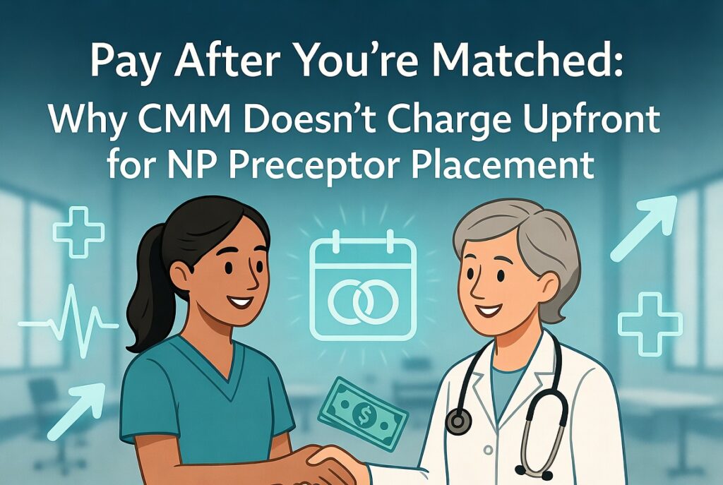Cartoon handshake under a calendar icon | Clinical Match Me Cartoon handshake between a woman in teal scrubs and a gray-haired clinician, with a calendar icon and dollar bill nearby