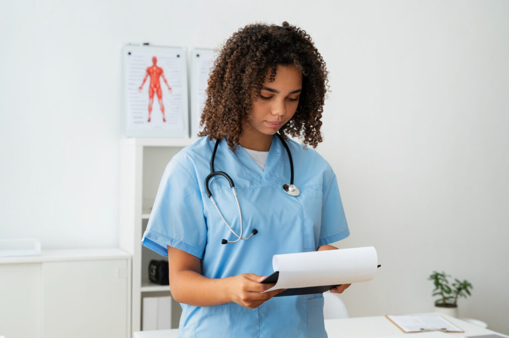 Reading a clipboard by an anatomy poster | Clinical Match Me Young woman with curly hair, light blue scrubs and a stethoscope reads a clipboard in a clinic room with an anatomy poster