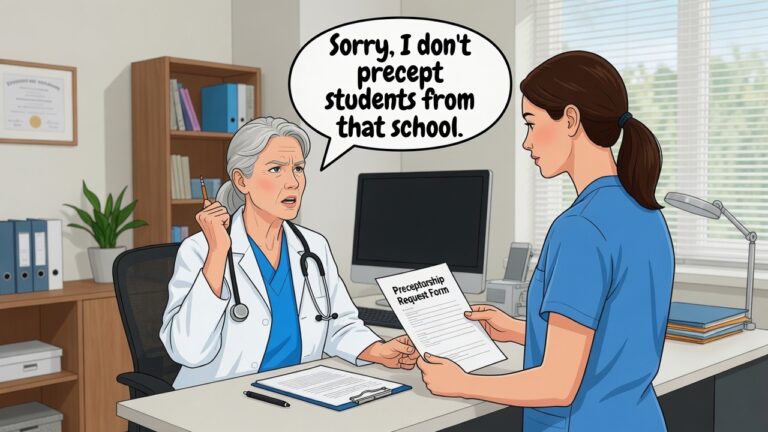 Older female doctor in a white coat refuses to precept students from that school, gesturing as she speaks, with a 'Preceptorship Request Form' on the desk and a nurse listening nearby.