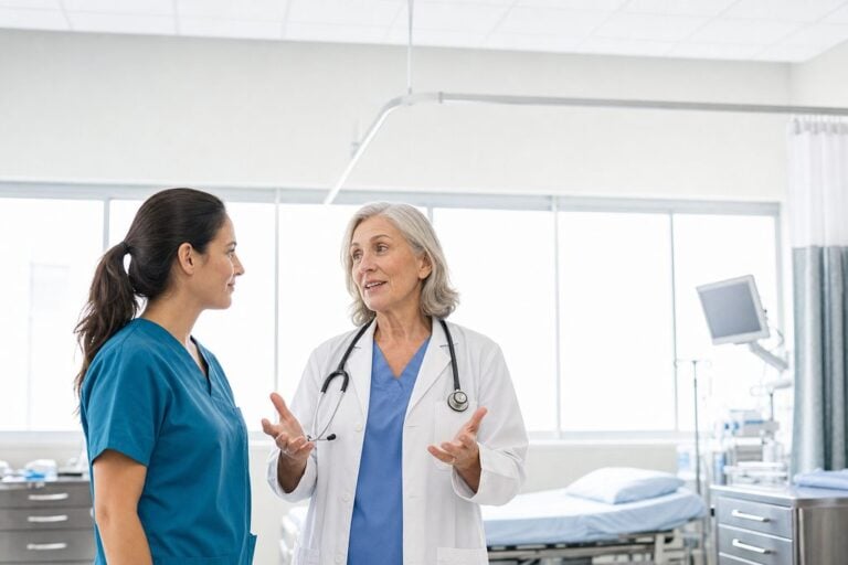 Clinician in a white coat talks with a younger colleague in teal scrubs beside an empty hospital bed