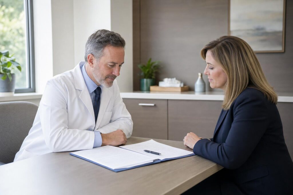 Signing the agreement | Clinical Match Me Clinician in a white coat and a school administrator review a signed multi-page agreement across an office desk