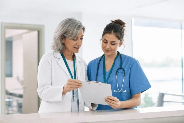 Reviewing a clipboard at the counter | Clinical Match Me Senior clinician in a white coat goes over a clipboard with a younger clinician in blue scrubs at a clinic counter
