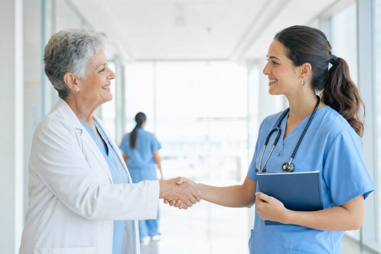 Welcome handshake in a clinic | Clinical Match Me Clinician in a white coat shakes hands with a younger colleague in scrubs in a bright clinic corridor