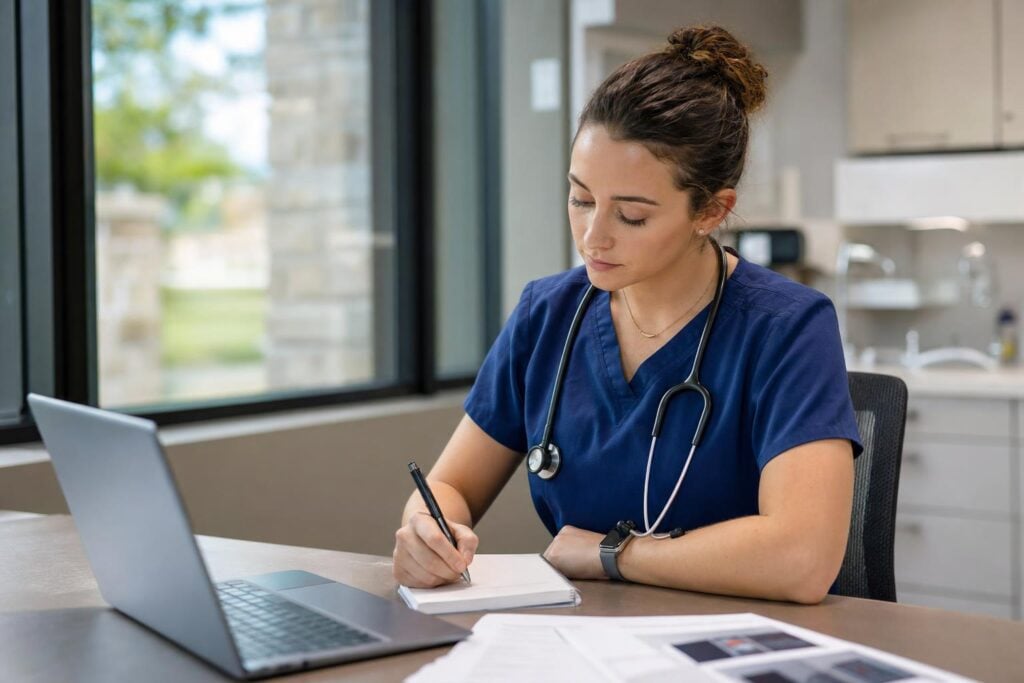 Notes between patients | Clinical Match Me Nurse practitioner student in navy scrubs makes notes beside a laptop and paperwork at a clinic workstation