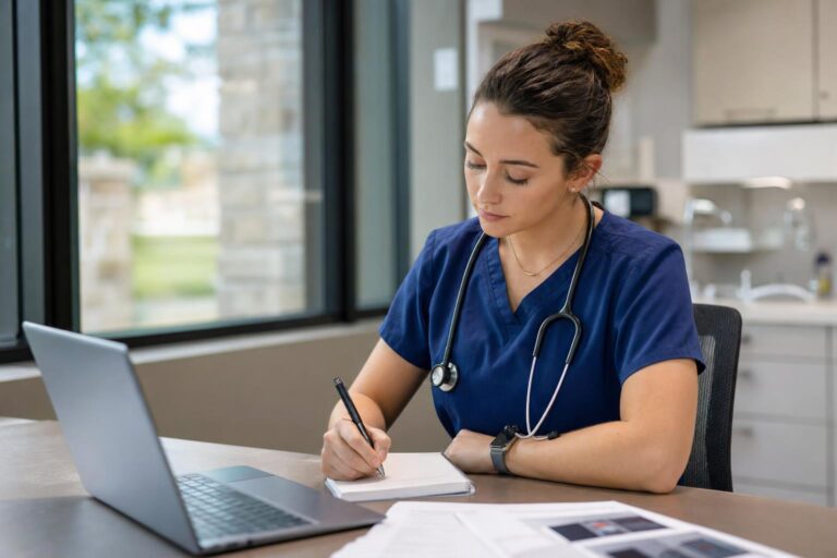 Nurse practitioner student in navy scrubs makes notes beside a laptop and paperwork at a clinic workstation