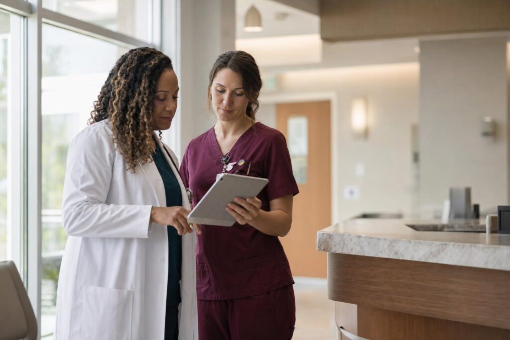 Checking the schedule | Clinical Match Me Two clinicians in a white coat and burgundy scrubs review a schedule on a tablet at a nurses station