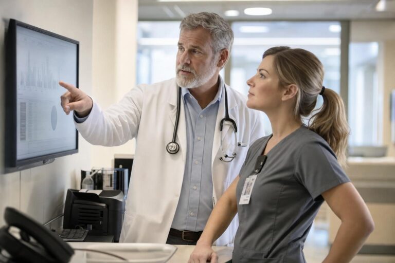 Senior clinician in a white coat points at a wall monitor while explaining a chart to a younger clinician in grey scrubs