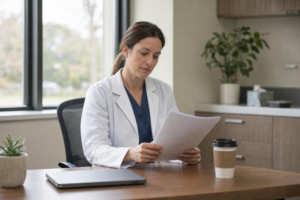 Reading the policy | Clinical Match Me Clinician in a white coat reads a multi-page printed policy document at a clinic office desk