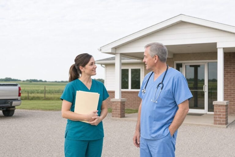 Rural clinic and open fields | Clinical Match Me Two clinicians in scrubs talk outside a small rural clinic with farm fields and a low treeline behind them