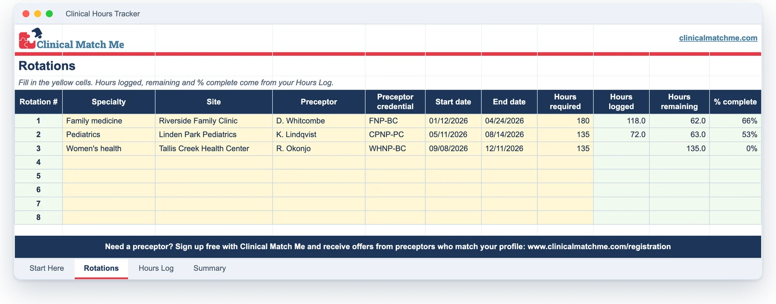 The Rotations tab of the clinical hours tracker, showing hours logged and remaining for each rotation