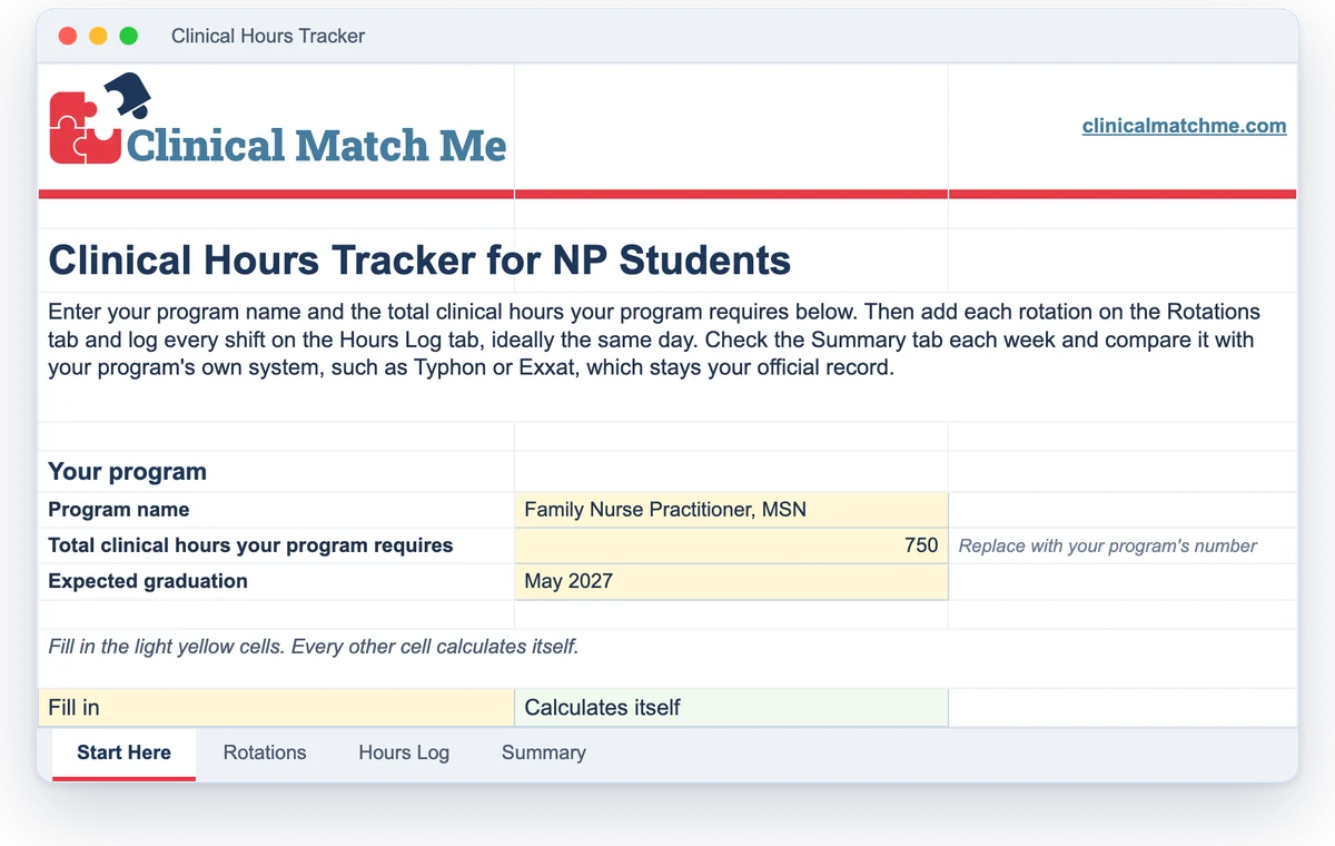 The Start Here tab of the clinical hours tracker, where you enter your program and its required hours