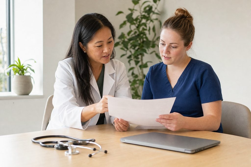 A nurse practitioner faculty member and an NP student reviewing a printed report together