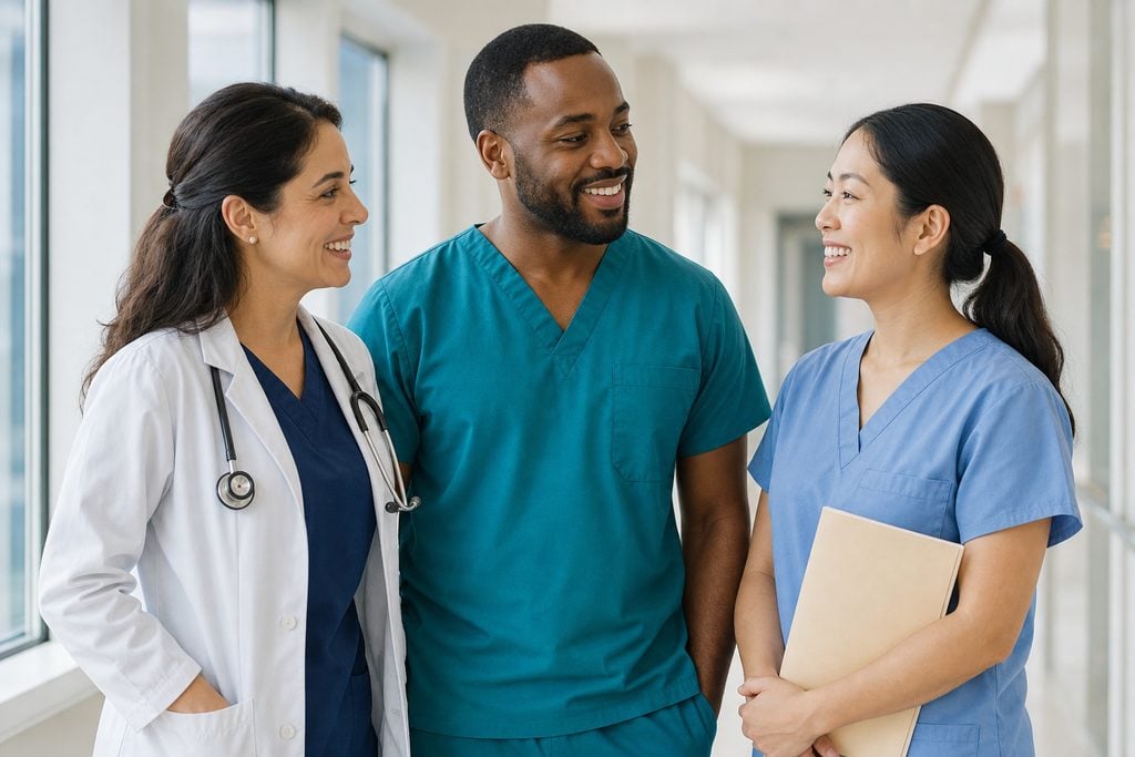NP specialties | Clinical Match Me Three nurse practitioners in a white coat and scrubs talking in a hospital corridor