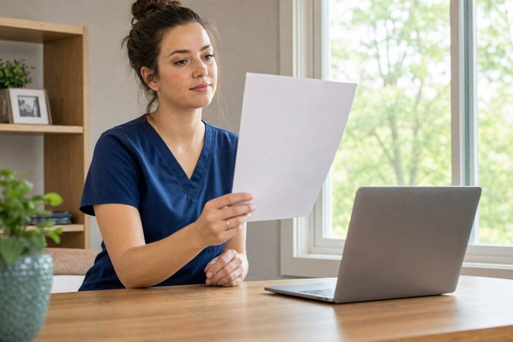 np-student-resume-nursing-student-reviews-printed-page-at-desk | Clinical Match Me A nursing student in navy scrubs reviews a printed page at a home desk beside an open laptop