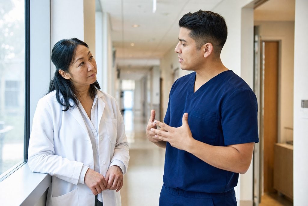 A nurse practitioner preceptor listens as a student explains his thinking in a clinic hallway