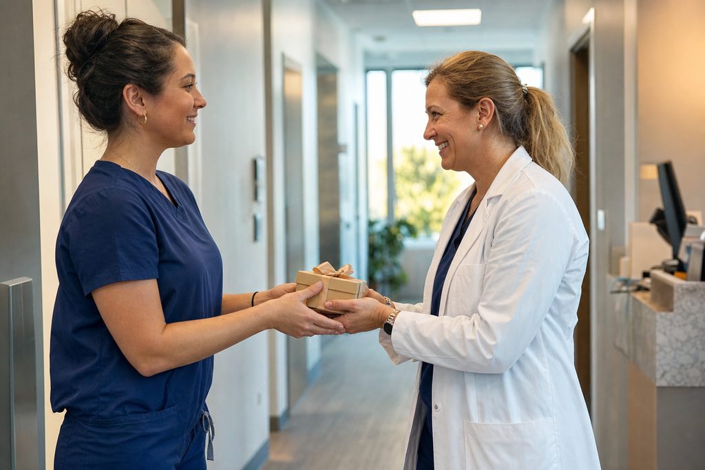 preceptor-gift-ideas-student-hands-preceptor-small-gift | Clinical Match Me A nursing student hands a small wrapped gift to a smiling preceptor in a clinic hallway