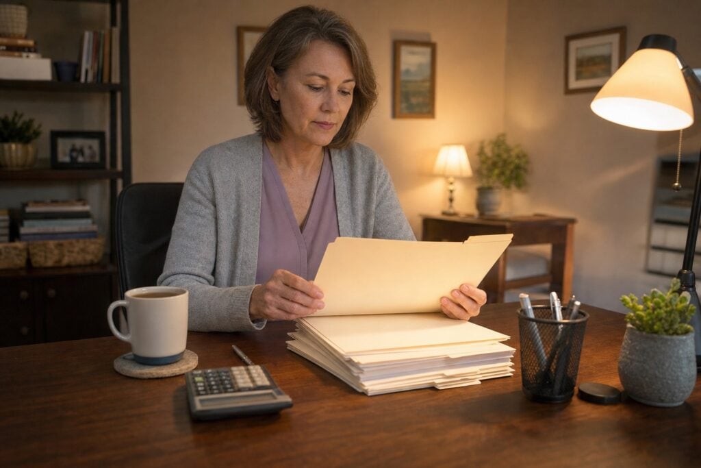 preceptor-tax-credits-preceptor-reviews-folders-at-home-desk | Clinical Match Me A clinician reviews a stack of folders at a home desk beside a calculator and a cup of tea