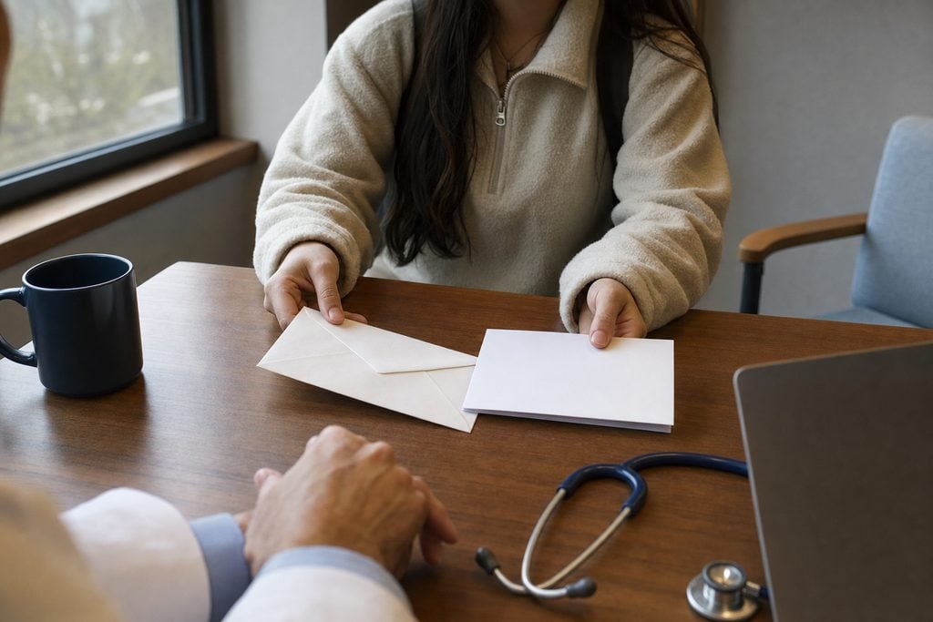 preceptor-thank-you-letter-student-leaves-thank-you-card-on-preceptor-desk | Clinical Match Me A student places a sealed envelope and a card on a clinician's desk beside a stethoscope