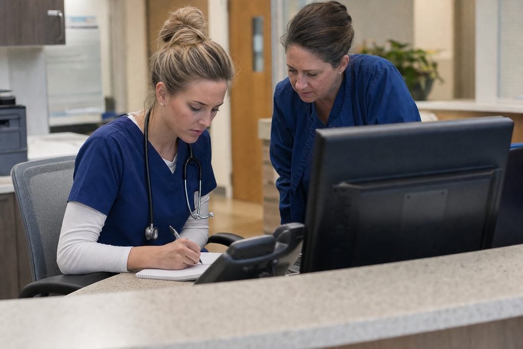 A nurse practitioner student writes notes at a clinic workstation while her preceptor reviews