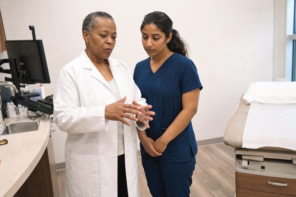 A preceptor in a white coat explains something to a nurse practitioner student in a clinic exam room